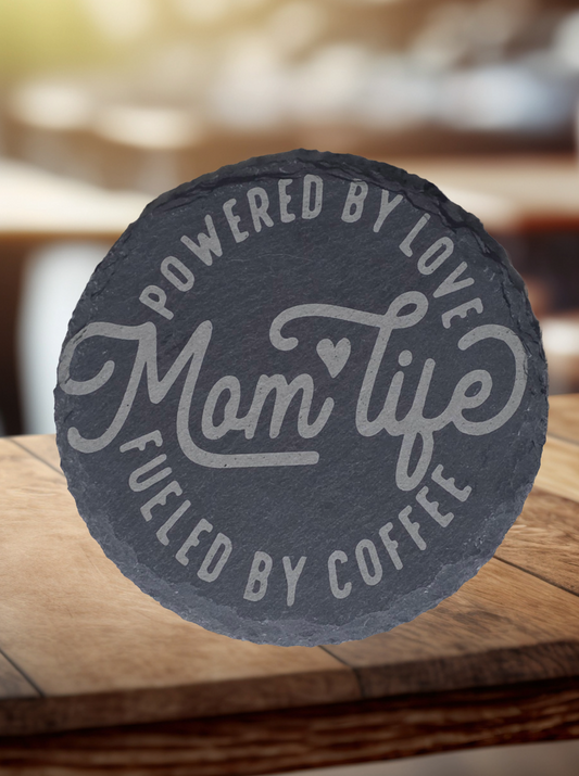 4" Round Slate Coaster, "Mom Life"
