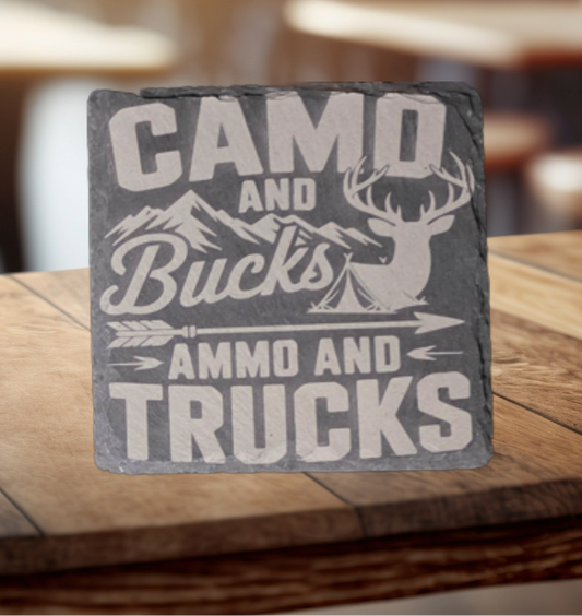 4" Square Slate Coaster, "Camo and Bucks, Ammo and Trucks"
