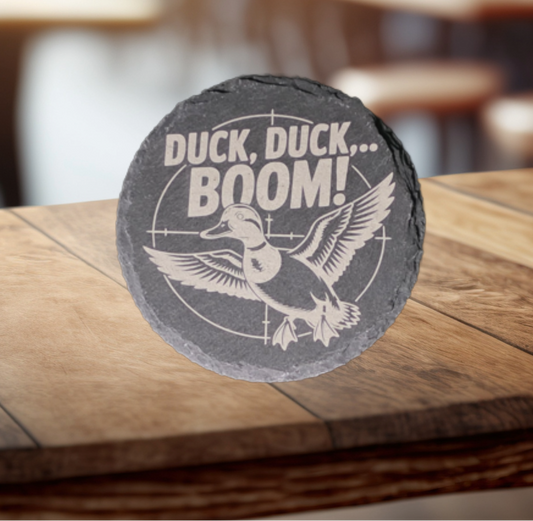 4" Round Slate Coaster, "Duck Duck Boom!"